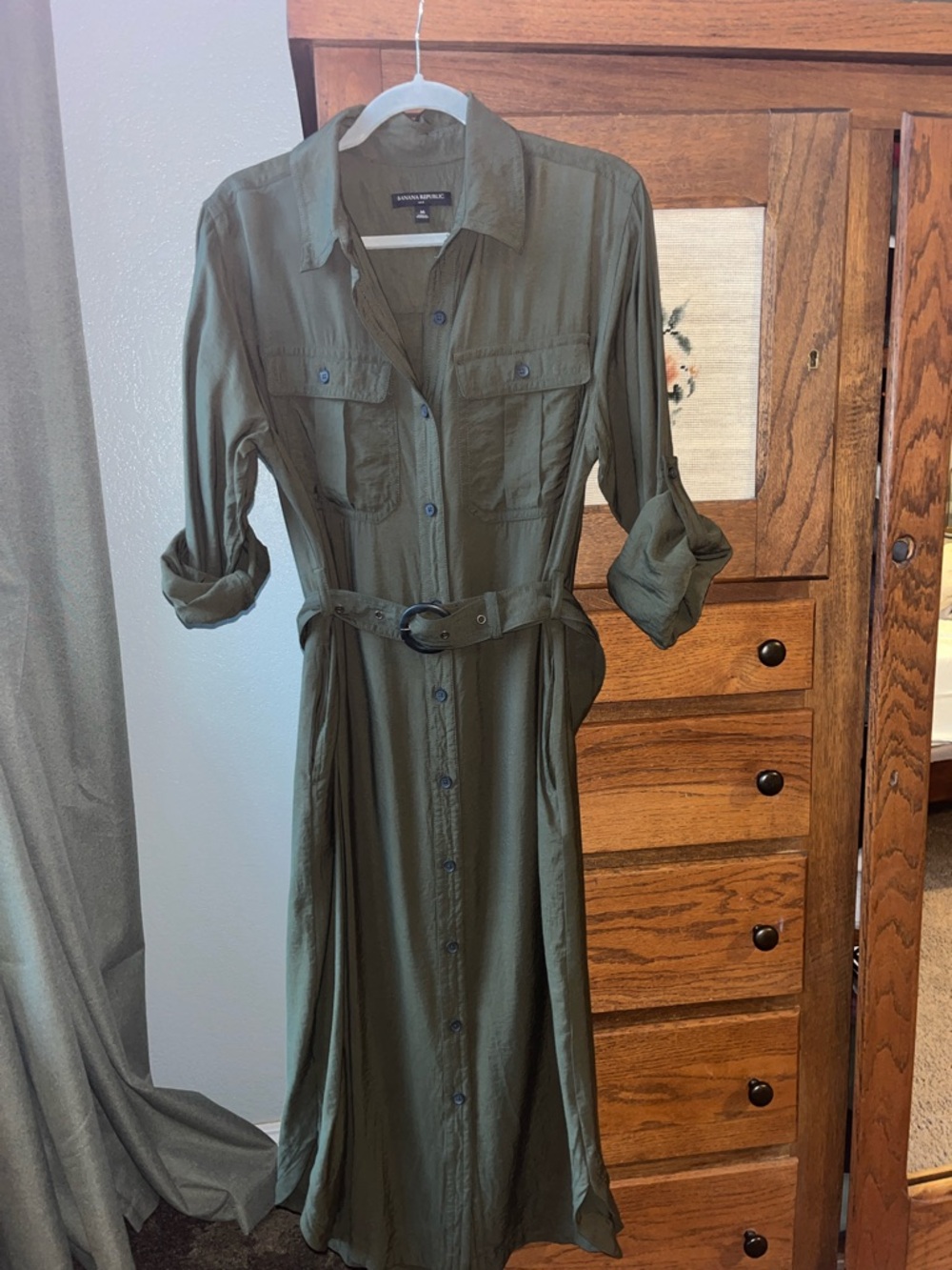 Banana Republic Olive Green Button-Front Midi Shirt Dress - Picture 3 of 6
